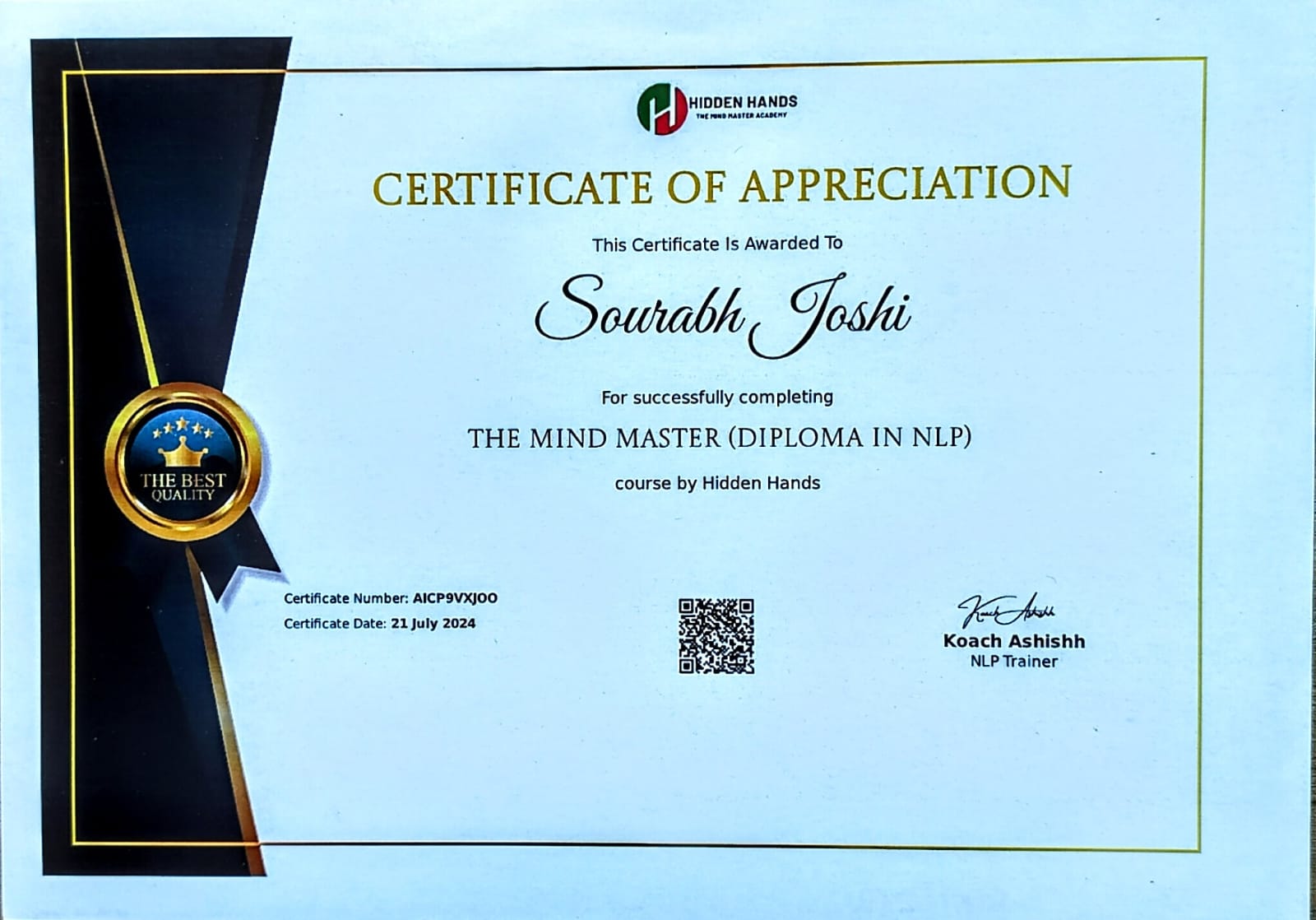 Diploma in NLP certificate